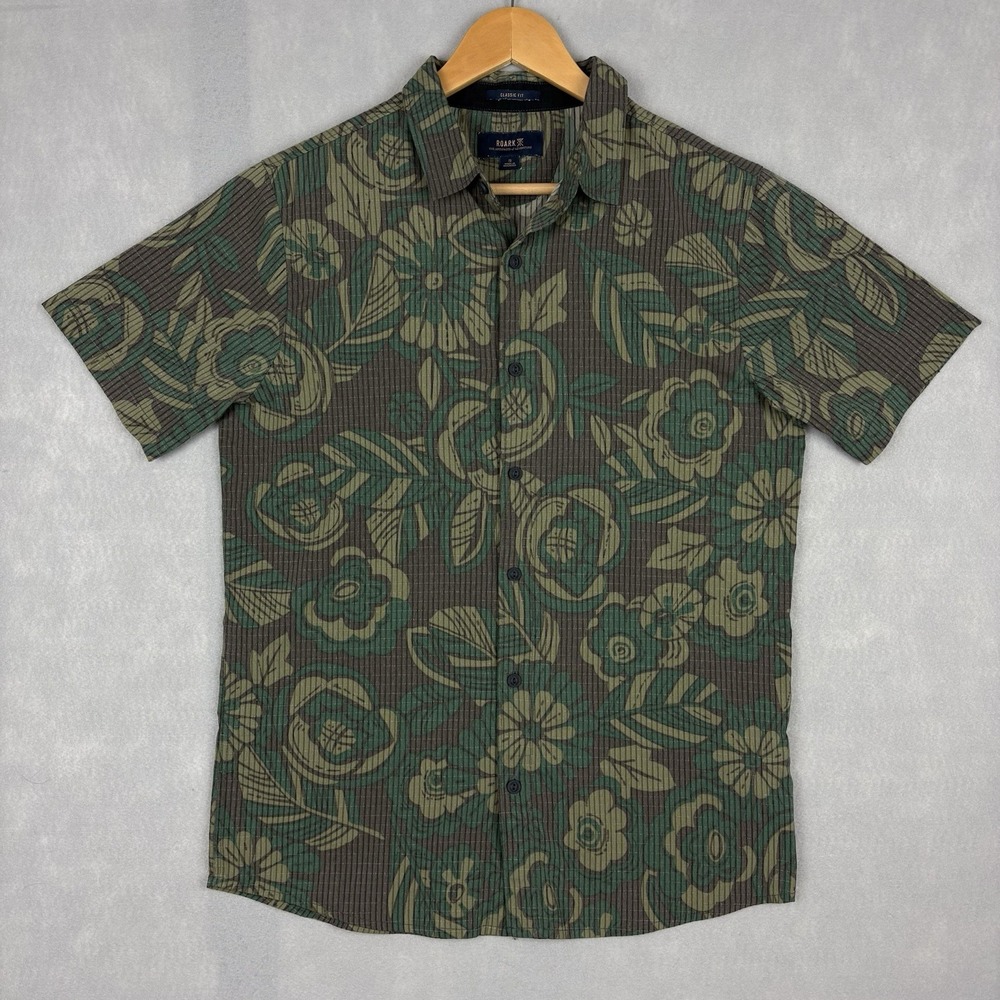 Roark Bless Up Shirt Men’s Small Green Brown Floral Perforated Breathable Casual